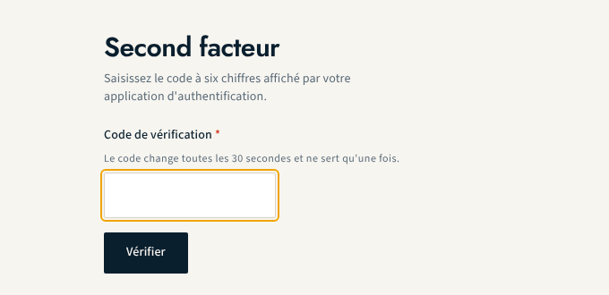 Écran Second facteur demandant le code de vérification à six chiffres, avec le bouton Vérifier.